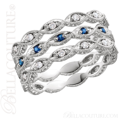 (NEW) BELLA COUTURE FINE GORGEOUS ANTIQUE STYLE GENUINE BLUE SAPPHIRE GEMSTONE 14K WHITE GOLD STACKABLE ANNIVERSARY ETERNITY RING BAND (1/8 CT. TW.)