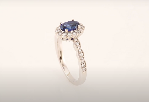 (NEW) BELLA COUTURE FINE ANTIQUE INSPIRED BLUE SAPPHIRE GEMSTONE DIAMOND 14K WHITE GOLD RING