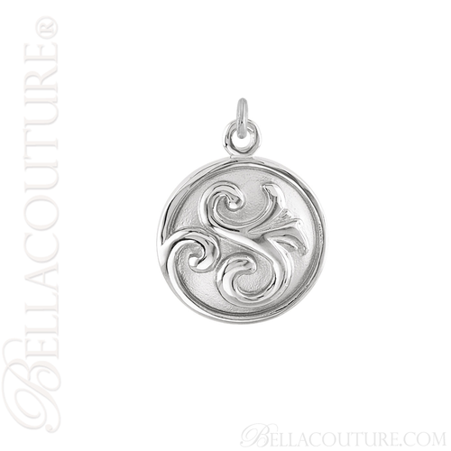 (NEW) BELLA COUTURE Fine Elegant 14K Solid White Gold Scroll Dangle Drop Circle Charm (14MM H x 11MM W x 4.5MM D)