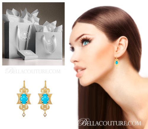 (NEW) BELLA COUTURE ETRUSCAN COLLECTION FINE TURQUOISE DIAMOND 14K YELLOW GOLD NECKLACE (18" Inches)