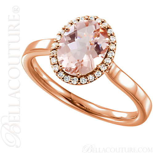 (NEW) BELLA COUTURE PARADISE Fine Gorgeous Oval Pink Morganite Pave' Diamond 14K Rose Gold Ring (1/8 CT. TW.)