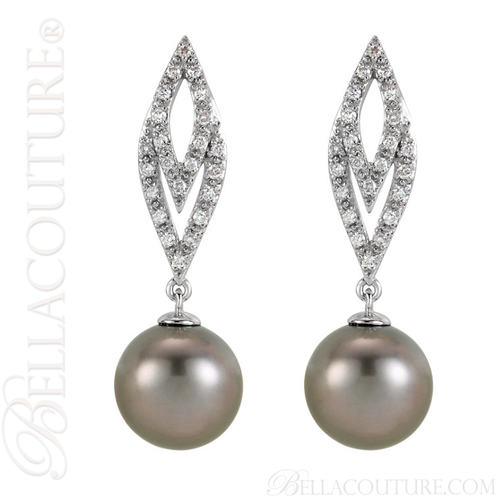 (NEW) BELLA COUTURE CORA Fine Tahitian Cultured Pearl Diamond 14K White Gold Dangle Drop Earrings