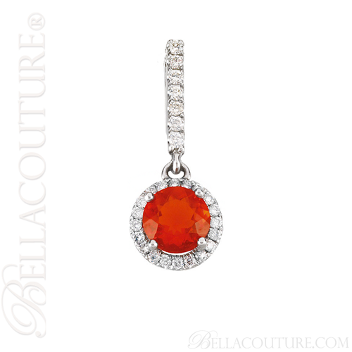 (NEW) BELLA COUTURE LAMOURE Pave Diamond Fire Opal Gemstone 14K White Gold Dangle Drop Pendant (1/5 CT. TW.)