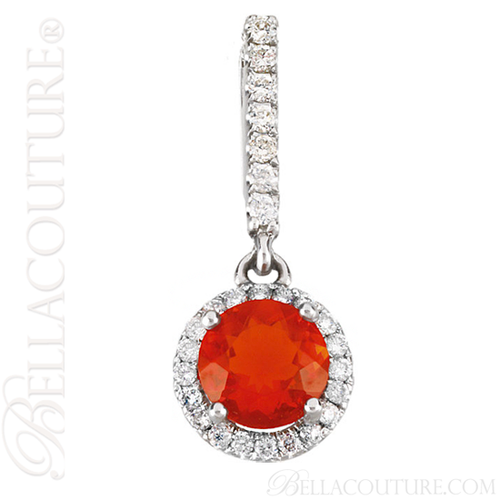 (NEW) BELLA COUTURE LAMOURE Pave Diamond Fire Opal Gemstone 14K White Gold Dangle Drop Pendant (1/5 CT. TW.)
