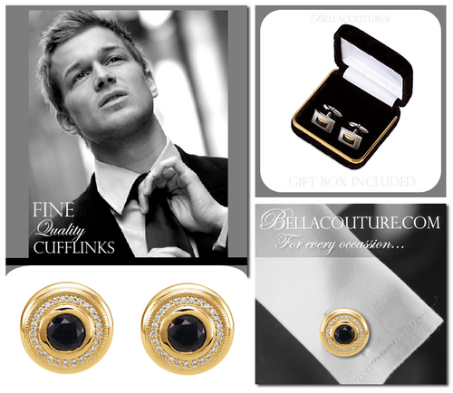 (NEW) BELLA COUTURE® MEN'S Fine Diamond and Genuine Black Onyx 14K Yellow Gold CUFFLINKS I CUFF LINKS