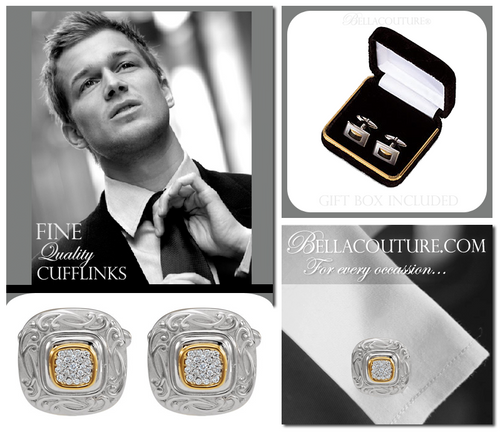 (NEW) BELLA COUTURE® MEN'S WINN Fine Scrolling Diamond 14K Yellow Gold and Sterling Silver CUFFLINKS