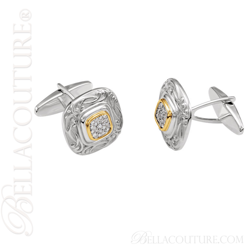 (NEW) BELLA COUTURE® MEN'S WINN Fine Scrolling Diamond 14K Yellow Gold and Sterling Silver CUFFLINKS