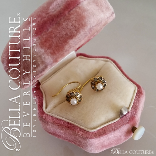 SOLD! - (ANTIQUE) Rare Gorgeous Georgian Victorian Filigree Smokey Quartz Paste Gemstone Cultured Freshwater Pearl 18K Yellow Gold Cluster Earrings c. 1770 - 1838