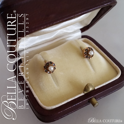 SOLD! - (ANTIQUE) Rare Gorgeous Georgian Victorian Filigree Smokey Quartz Paste Gemstone Cultured Freshwater Pearl 18K Yellow Gold Cluster Earrings c. 1770 - 1838