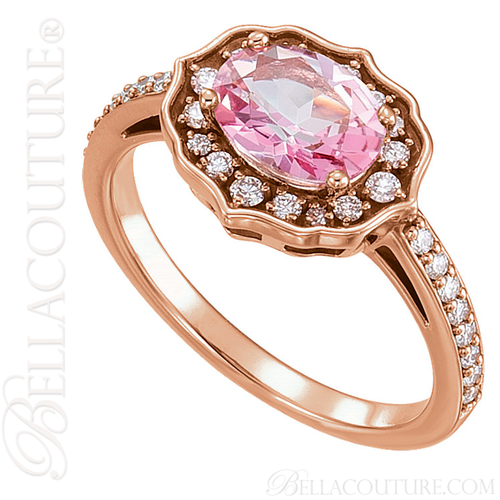 (NEW) BELLA COUTURE FLORINA Fine Elegant Diamond Oval Pink Topaz Gemstone 14K Rose Gold Ring (1/3 CT. TW.)