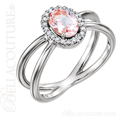 (NEW) BELLA COUTURE MILAN Fine Diamond Genuine Morganite Oval Gemstone 14K White Gold Criss Cross Ring (1/10 CT. TW.)