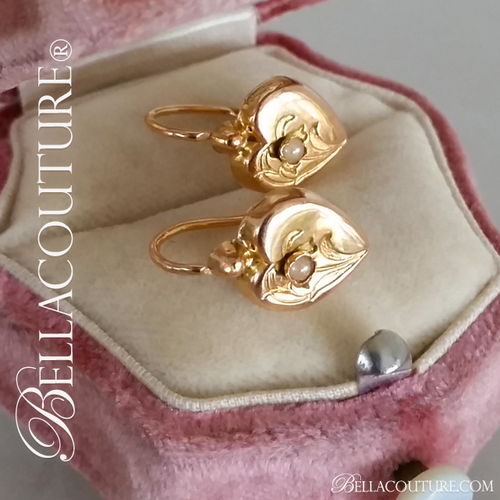 SOLD! - (ANTIQUE) Rare Gorgeous Victorian White Natural Freshwater Cultured Pearl 18K Yellow Gold Etched Heart Earrings c.1838 One of a Kind Fine Jewelry