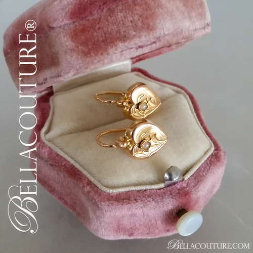 SOLD! - (ANTIQUE) Rare Gorgeous Victorian White Natural Freshwater Cultured Pearl 18K Yellow Gold Etched Heart Earrings c.1838 One of a Kind Fine Jewelry