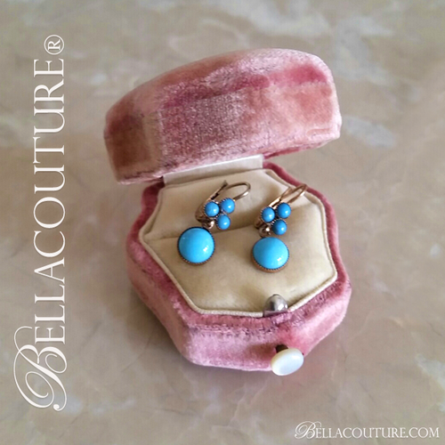 SOLD! - (ANTIQUE) Rare Gorgeous Victorian Paste Turquoise Rose Gold Wash Dangle Drop Earrings One of a Kind Fine Jewelry