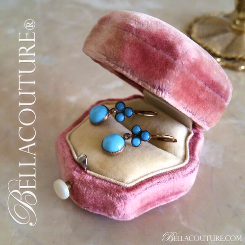 SOLD! - (ANTIQUE) Rare Gorgeous Victorian Paste Turquoise Rose Gold Wash Dangle Drop Earrings One of a Kind Fine Jewelry