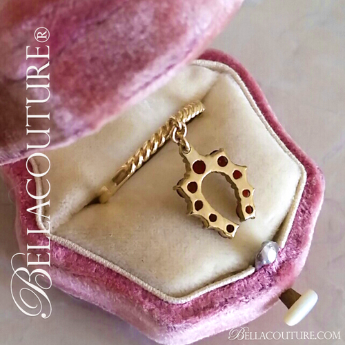 SOLD! - (ANTIQUE) Rare Gorgeous Victorian 14K 14CT Yellow Gold Natural Rose Cut Garnet Gemstone Dainty Horseshoe Good Luck Dangle Drop Charm Ring c. 1838 One of a Kind Fine Jewelry