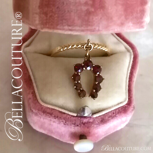 SOLD! - (ANTIQUE) Rare Gorgeous Victorian 14K 14CT Yellow Gold Natural Rose Cut Garnet Gemstone Dainty Horseshoe Good Luck Dangle Drop Charm Ring c. 1838 One of a Kind Fine Jewelry