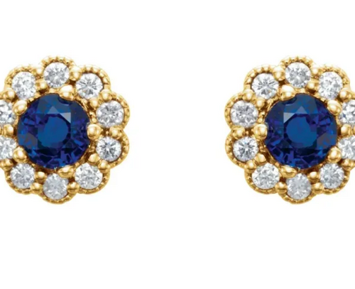 (NEW) BELLA COUTURE® BEVERLY GENUINE SAPPHIRE 14K YELLOW GOLD ROUND DIAMOND HALO EARRINGS (1/6 CT. TW.)