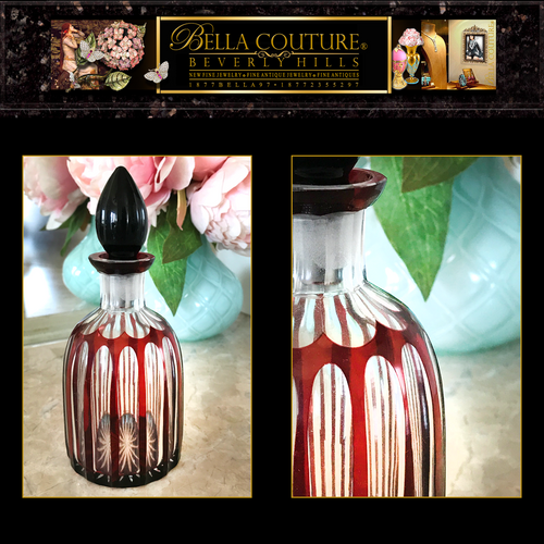 SOLD! - (ANTIQUE) RARE FRENCH BACCARAT CRANBERRY PERFUME CUT TO CLEAR RED BOHEMIAN GLASS BOTTLE - (ONE OF A KIND)