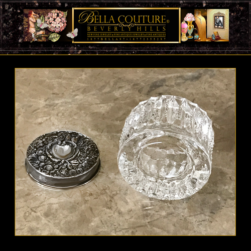 SOLD! - (ANTIQUE) RARE VICTORIAN EMBOSSED HEART ROSES FLOWERS GARLAND STERLING SILVER ETCHED CRYSTAL / GLASS REPOUSSE VANITY JAR