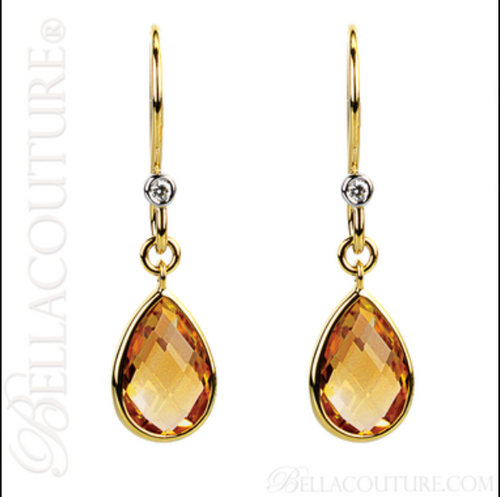 (NEW) BELLA COUTURE MINDI FINE DIAMOND CITRINE 14K YELLOW GOLD DANGLE DROP EARRINGS