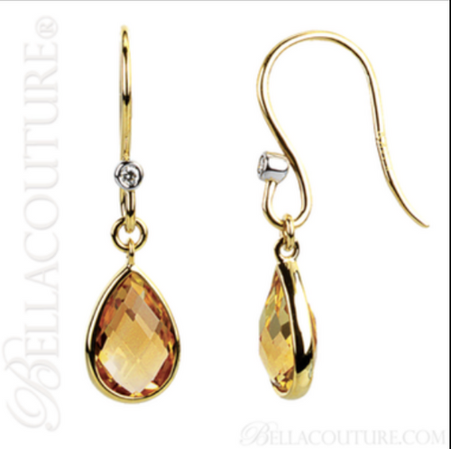 (NEW) BELLA COUTURE MINDI FINE DIAMOND CITRINE 14K YELLOW GOLD DANGLE DROP EARRINGS