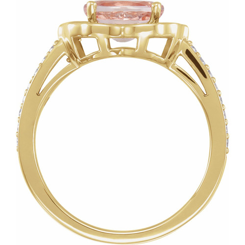 (NEW) BELLA COUTURE FLORINA Fine Elegant Diamond Oval Pink Peach Morganite Gemstone 14K Yellow Gold Ring (1/3 CT. TW.)
