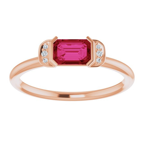 (NEW) BELLA COUTURE LeORA Fine Elegant Diamond Baguette Emerald Cut Ruby Gemstone 14K Rose Gold Ring