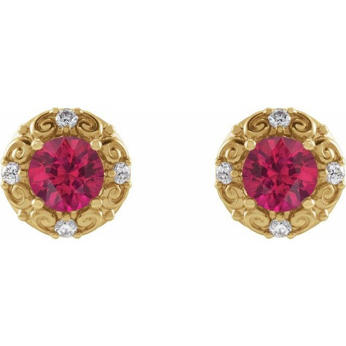 (NEW) BELLA COUTURE ROYA FINE 1/6 CT DIAMOND 5MM .75 CT RUBY 14K YELLOW GOLD POST EARRINGS