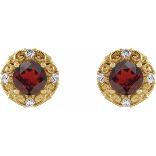 (NEW) BELLA COUTURE ROYA FINE 1/6 CT DIAMOND 5MM .75 CT NATURAL GARNET 14K YELLOW GOLD POST EARRINGS