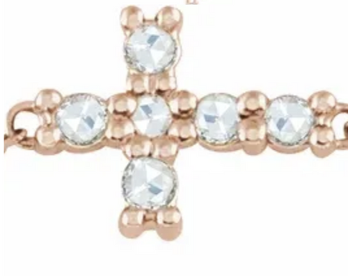 (NEW) BELLA COUTURE Victoriana Sideways Cross Fine Antique Yellow Cut Diamond 14K Rose Gold Charm Bracelet (7.5", 7", 6.5" Adjustable Length)