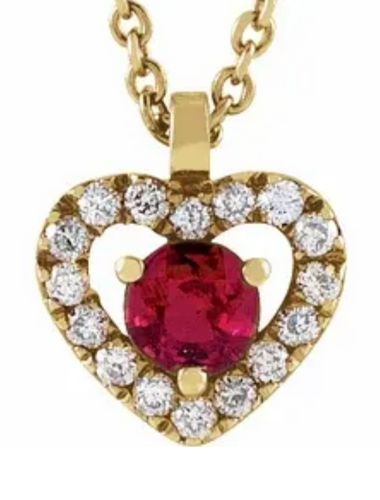 (NEW) BELLA COUTURE PURE Heart Fine Diamond Natural Ruby 14K Yellow Gold Dangle Drop Pendant Necklace (18" Length)