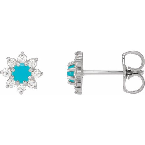 (NEW) BELLA COUTURE® ELLABETTA PETITE DIAMOND CLUSTER AAA+ NATURAL SLEEPING BEAUTY TURQUOISE 14K WHITE GOLD EARRINGS (1/8 CT. TW.)