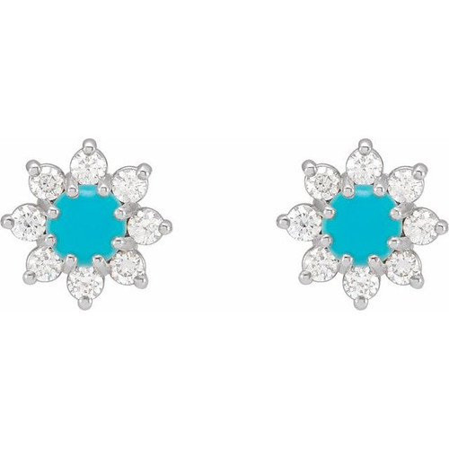 (NEW) BELLA COUTURE® ELLABETTA PETITE DIAMOND CLUSTER AAA+ NATURAL SLEEPING BEAUTY TURQUOISE 14K WHITE GOLD EARRINGS (1/8 CT. TW.)