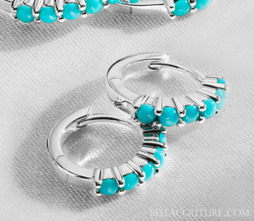 (NEW) BELLA COUTURE® 12.25MM JANE PAVE AAA+ NATURAL SLEEPING BEAUTY TURQUOISE 14K WHITE GOLD HUGGIE HOOP EARRINGS