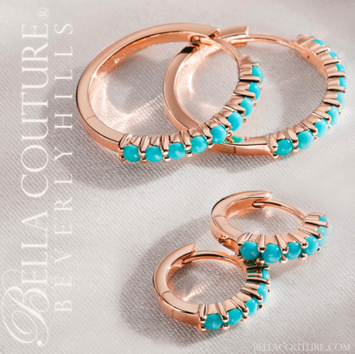 (NEW) BELLA COUTURE® 12.25MM JANE PAVE AAA+ NATURAL SLEEPING BEAUTY TURQUOISE 14K ROSE GOLD HUGGIE HOOP EARRINGS