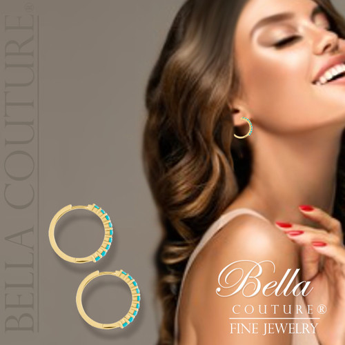 (NEW) BELLA COUTURE® 12.25MM JANE PAVE AAA+ NATURAL SLEEPING BEAUTY TURQUOISE 14K YELLOW GOLD HUGGIE HOOP EARRINGS