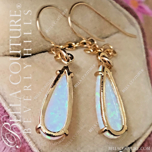 (NEW) BELLA COUTURE® 2" OPAL DREAMS Natural White Opal 14K Yellow Gold Teardrop Dangle Drop Earrings
