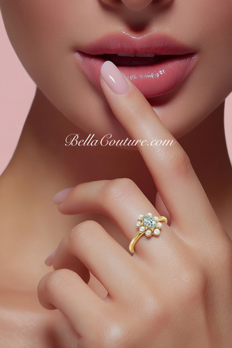 (NEW) BELLA COUTURE® ALEXANDRIA Oval Natural Aquamarine Pearl 14K White Gold Ring Band