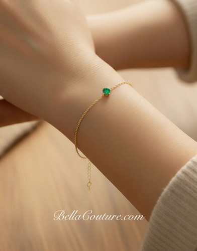 (NEW) BELLA COUTURE® VERDANT 5MM Emerald 14K Yellow Gold Link Chain Bracelet (6.5, 7, 7.5" inch)