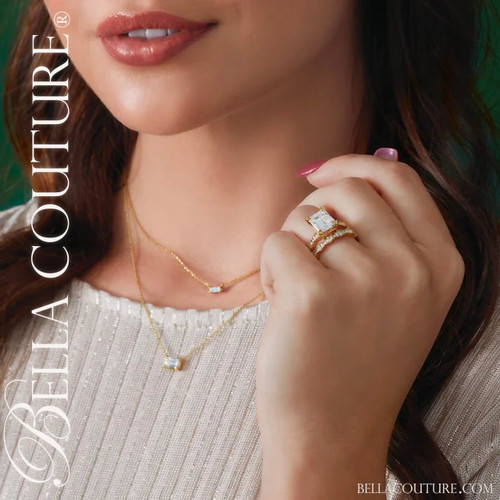 (NEW) BELLA COUTURE® LORA 14K Yellow Gold Solitaire Baguette White Topaz Link Chain Necklace (18")