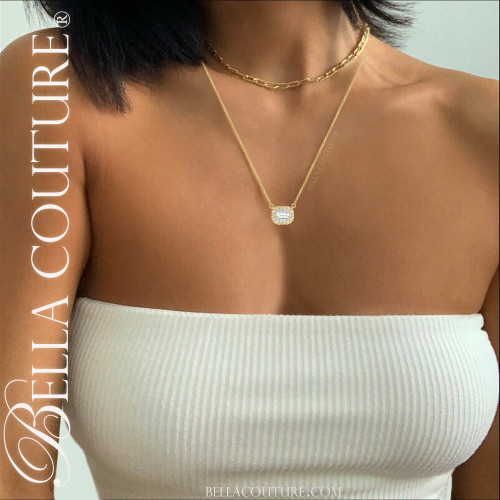 (NEW) BELLA COUTURE® BAYLIE 14K Yellow Gold Solitaire Baguette 7 MM x 5 MM White Topaz Link Chain Necklace (18")