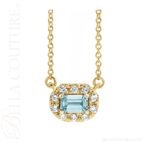 (NEW) BELLA COUTURE® BAYLIE Petite 14K Yellow Gold Solitaire Baguette 5 MM x 3 MM Aquamarine Link Chain Necklace (18")