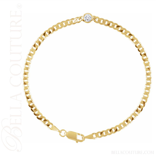 (NEW) BELLA COUTURE® CALI 14K Yellow Gold 3.5MM Diamond Curb Link Chain Bracelet (7" inch)