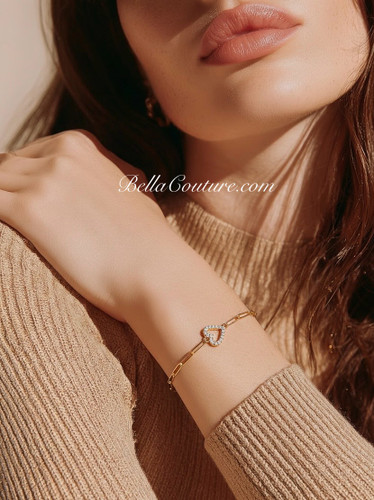 (NEW) BELLA COUTURE® BARBIE COUTURE Heart 14K Yellow Gold Diamond Link Chain Bracelet (7" inch)