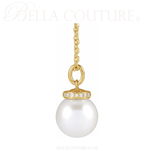 (NEW) BELLA COUTURE® BRILLIANT 14K Yellow Gold Solitaire Akoya Cultured Pearl Pendant Diamond Link Chain Necklace (16"-18")