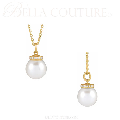 (NEW) BELLA COUTURE® BRILLIANT 14K Yellow Gold Solitaire Akoya Cultured Pearl Pendant Diamond Link Chain Necklace (16"-18")