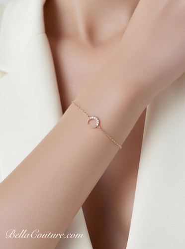 (NEW) BELLA COUTURE® ELEGANTE 14K Rose Gold 7 Diamond Crescent Moon Link Chain Bracelet (6.5, 7, 7.5" inch)