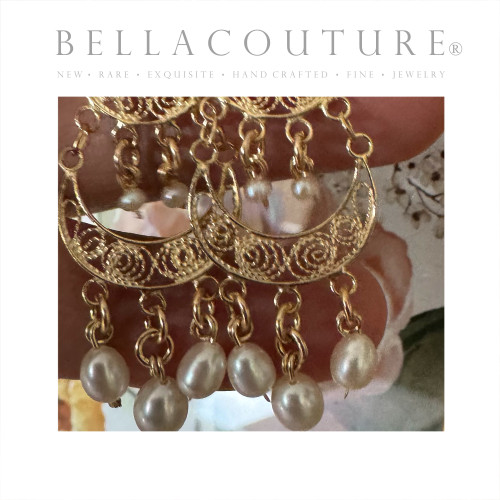 SOLD OUT! - (NEW) BELLA COUTURE® NEW NATURAL SEED PEARL VICTORIAN STYLE FILIGREE 14K YELLOW GOLD DANGLE DROP CHANDELIER EARRINGS