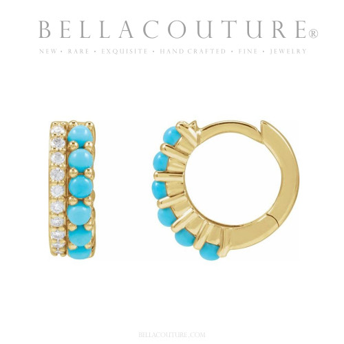 (NEW) BELLA COUTURE® ANNALISA DIAMOND NATURAL TURQUOISE GEMSTONE 14K YELLOW GOLD HUGGIE HOOP EARRINGS (12 MM)